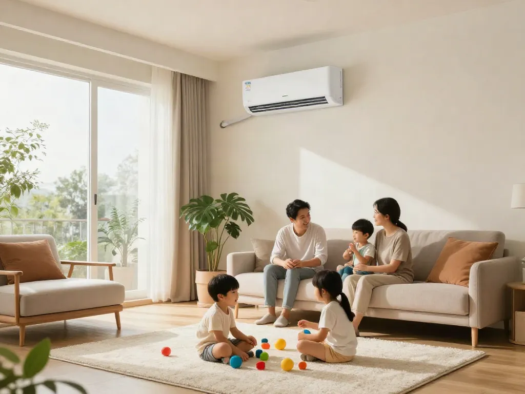 Family enjoying comfort from a mini split ac unit in a bright living room.