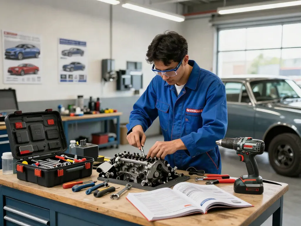 Mechanic using beta tools usa in a bright automotive workshop, showcasing expertise and quality.