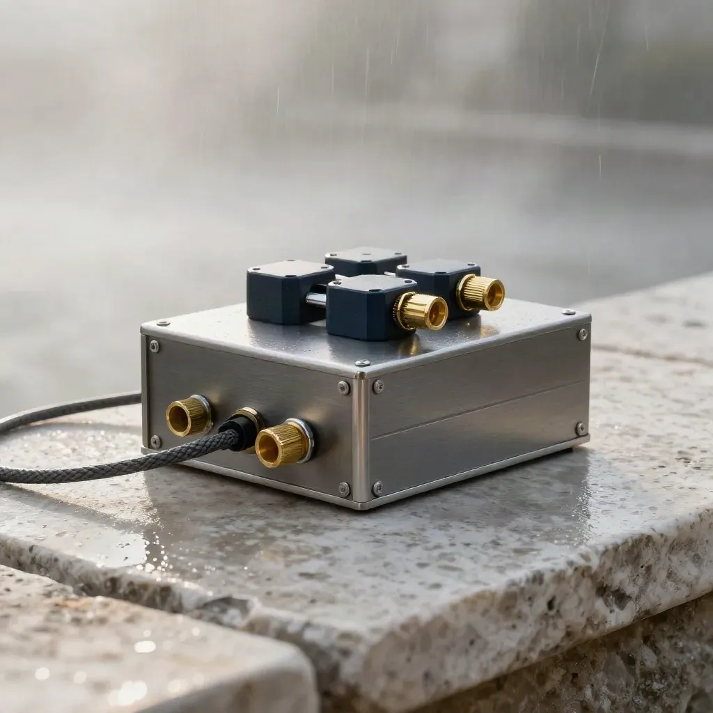 Graphite hub box with cables on wet stone in soft dawn mist