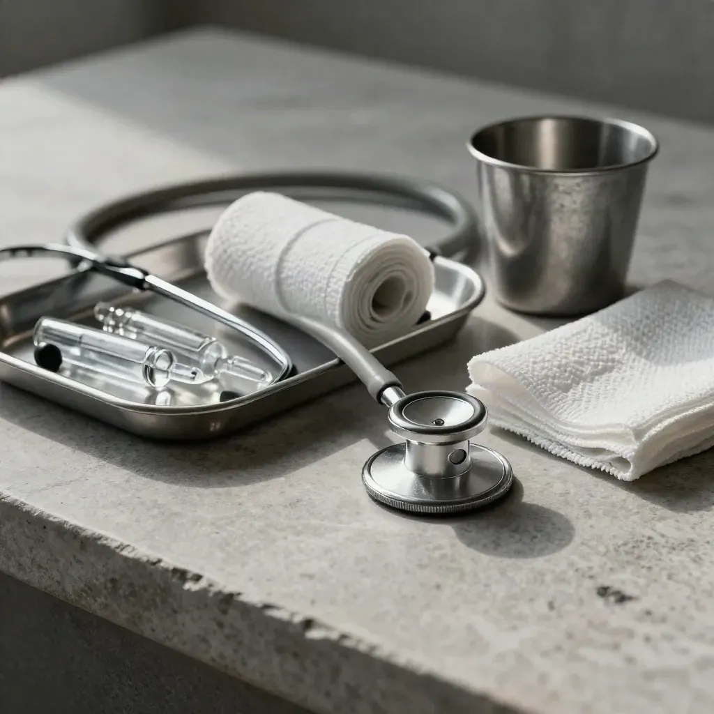 Stethoscope, ampoule tray, gauze rolls, and specimen cup on pale stone in cool soft light.
