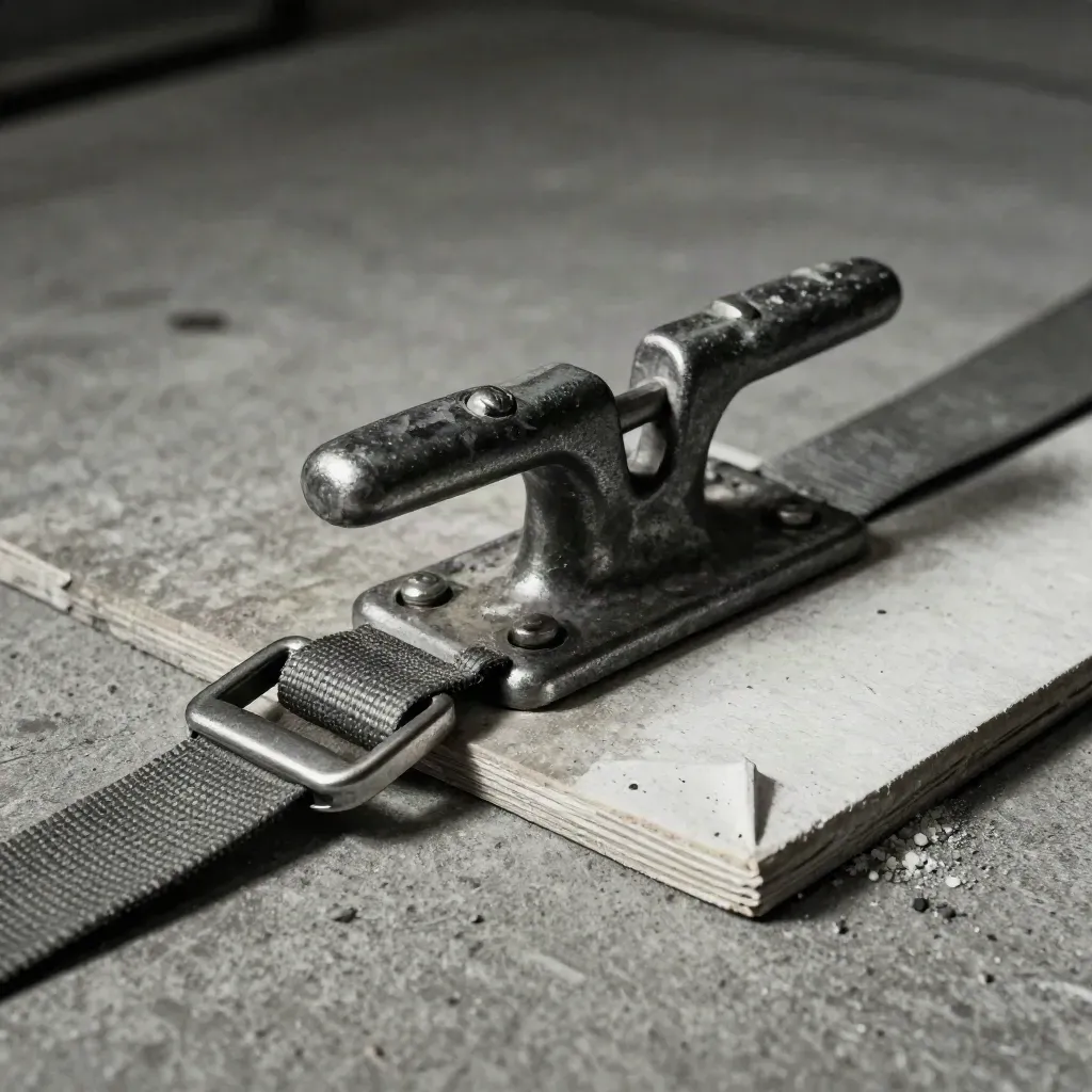 Ratchet strap buckle and dock cleat on brushed concrete, taut in a dusty loading bay.