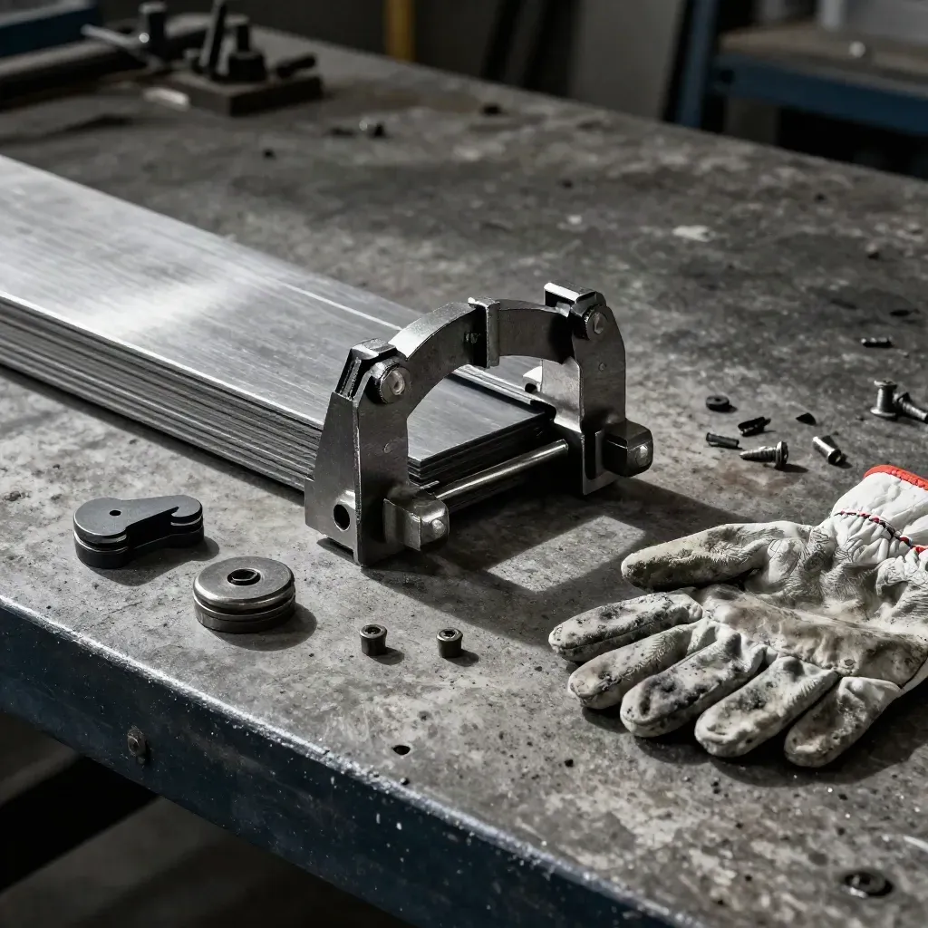 Steel clamp, welding magnets, fasteners and glove on concrete in workshop light