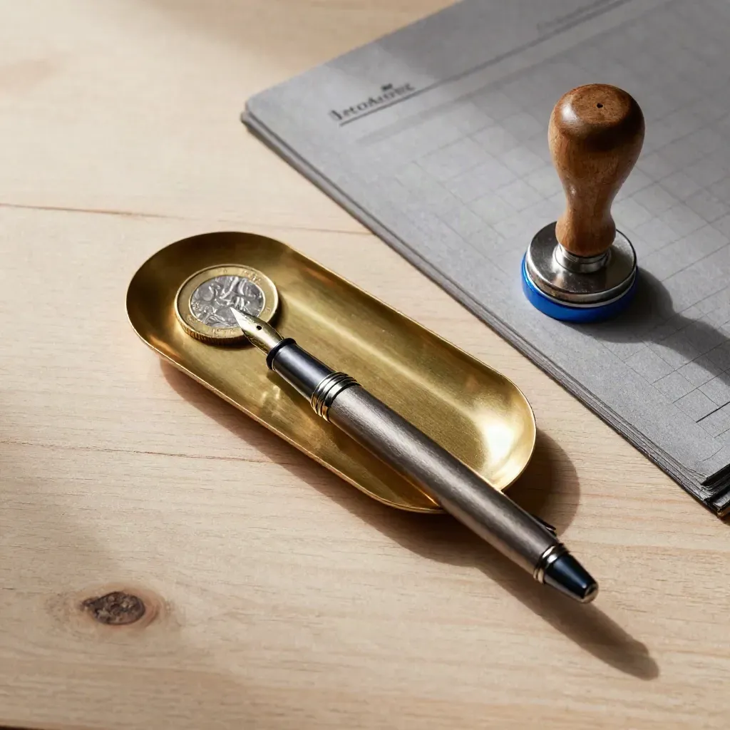 Overhead macro of accounting tools on pale wood: pen, brass tray, slate blotter, and stamp seal.