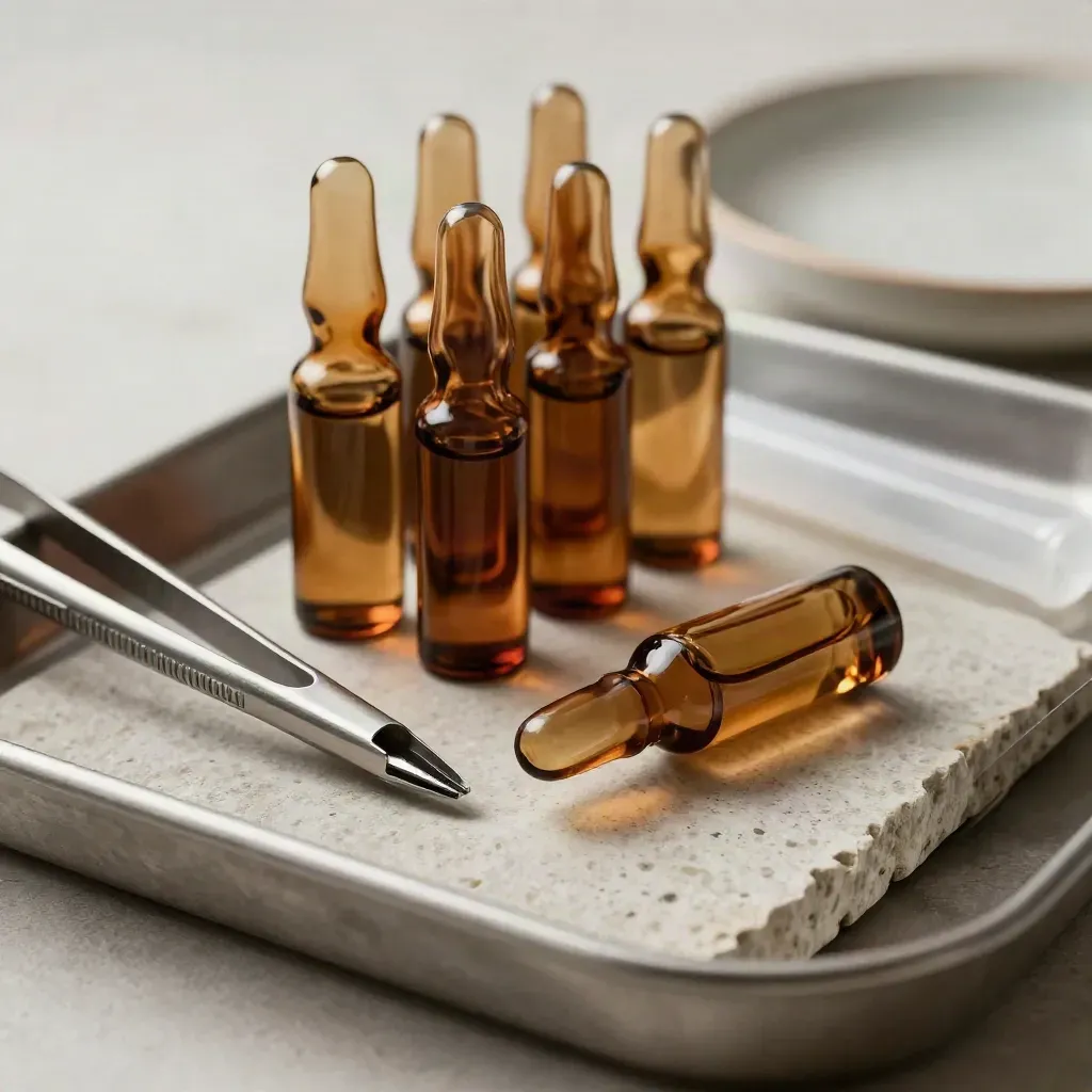 Amber lab vials and steel forceps on pale stone, one vial mid-roll under cool light.