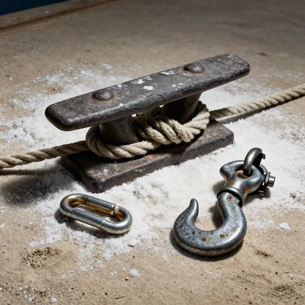 Dock cleat, mooring rope, shackle and cargo hook on sand plaster in dramatic light.