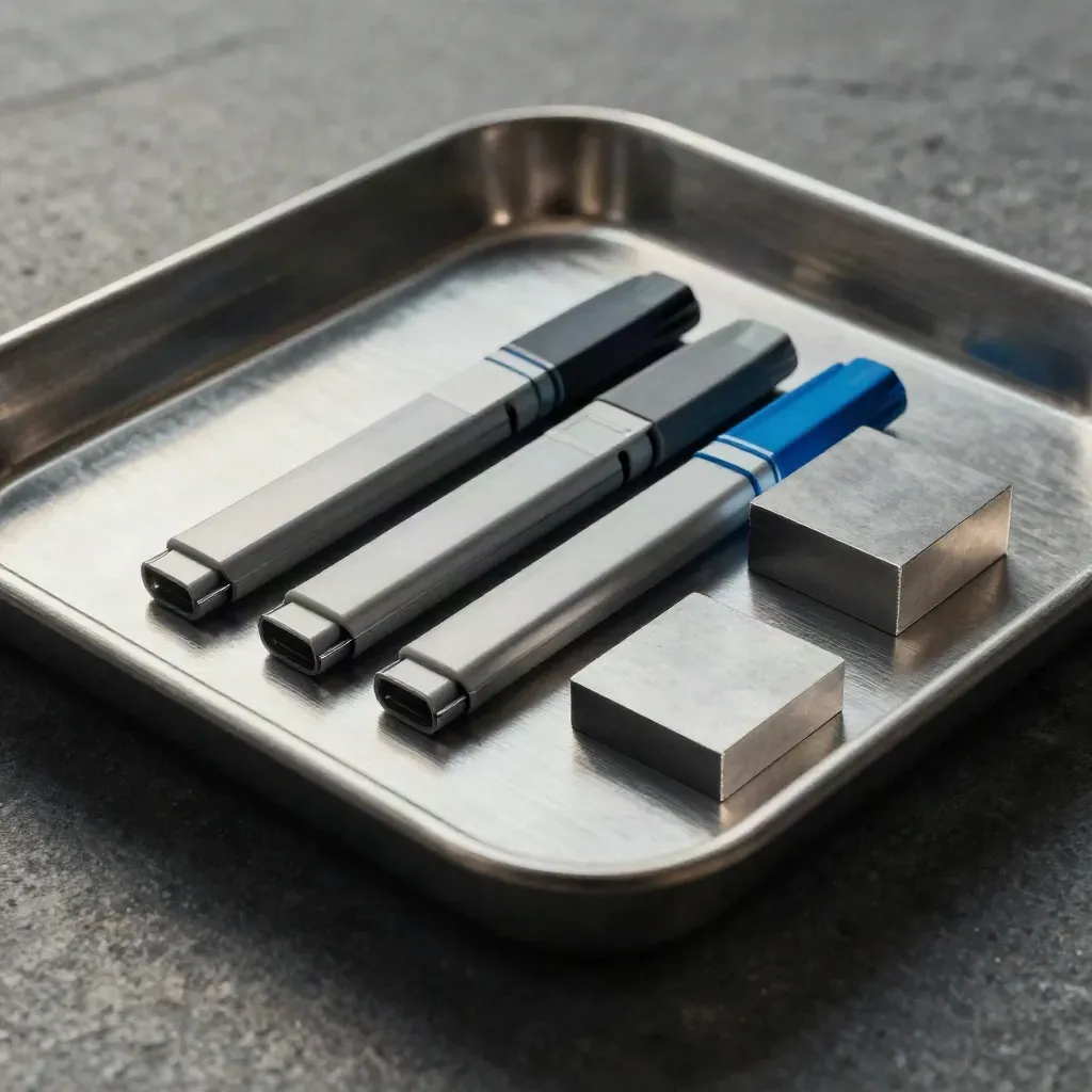 Brushed aluminum task tray with blank tab markers and alignment blocks on graphite stone.