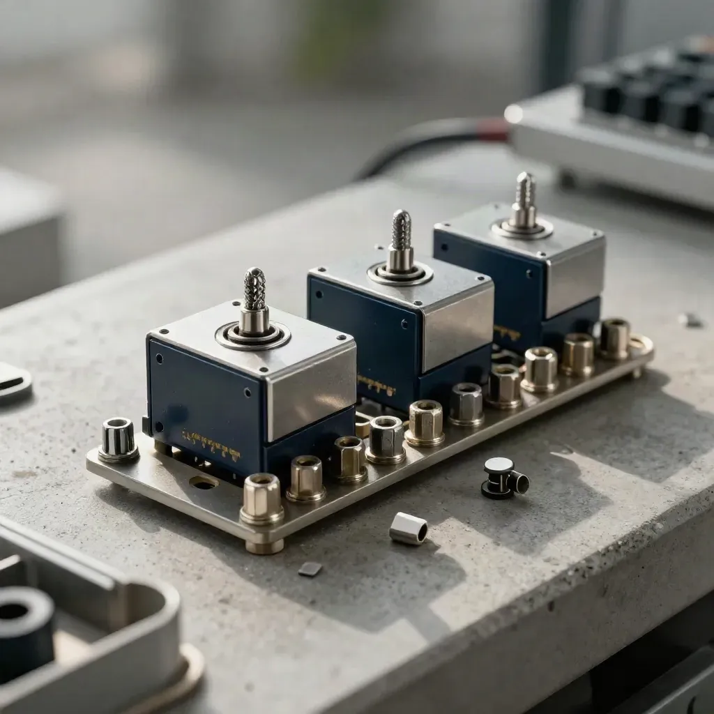 Relay module with snap switches and jumper on a concrete automation bench, side-lit and diagonal.