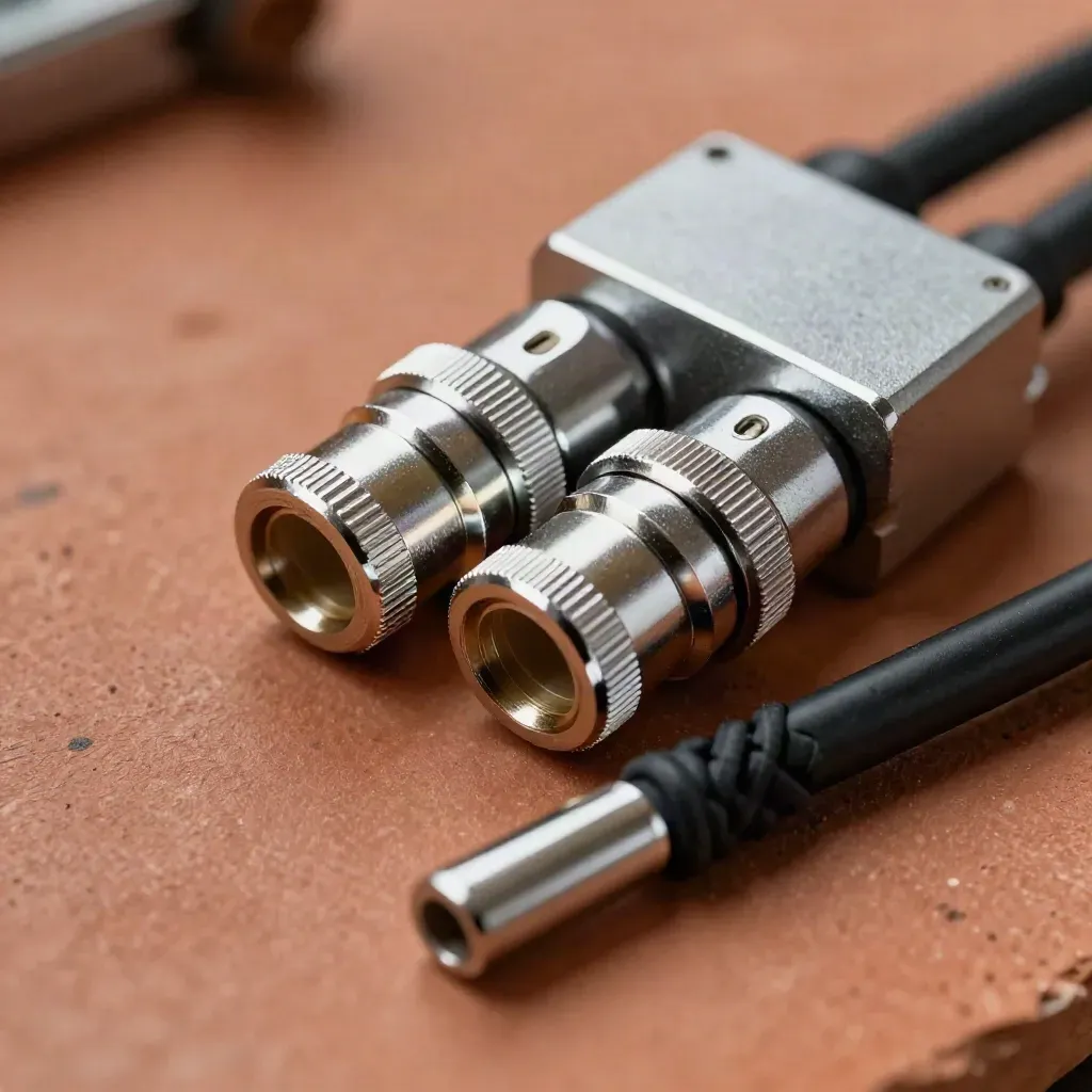 Two metal cable adapters align with a junction block beside a coiled patch lead on terracotta clay.