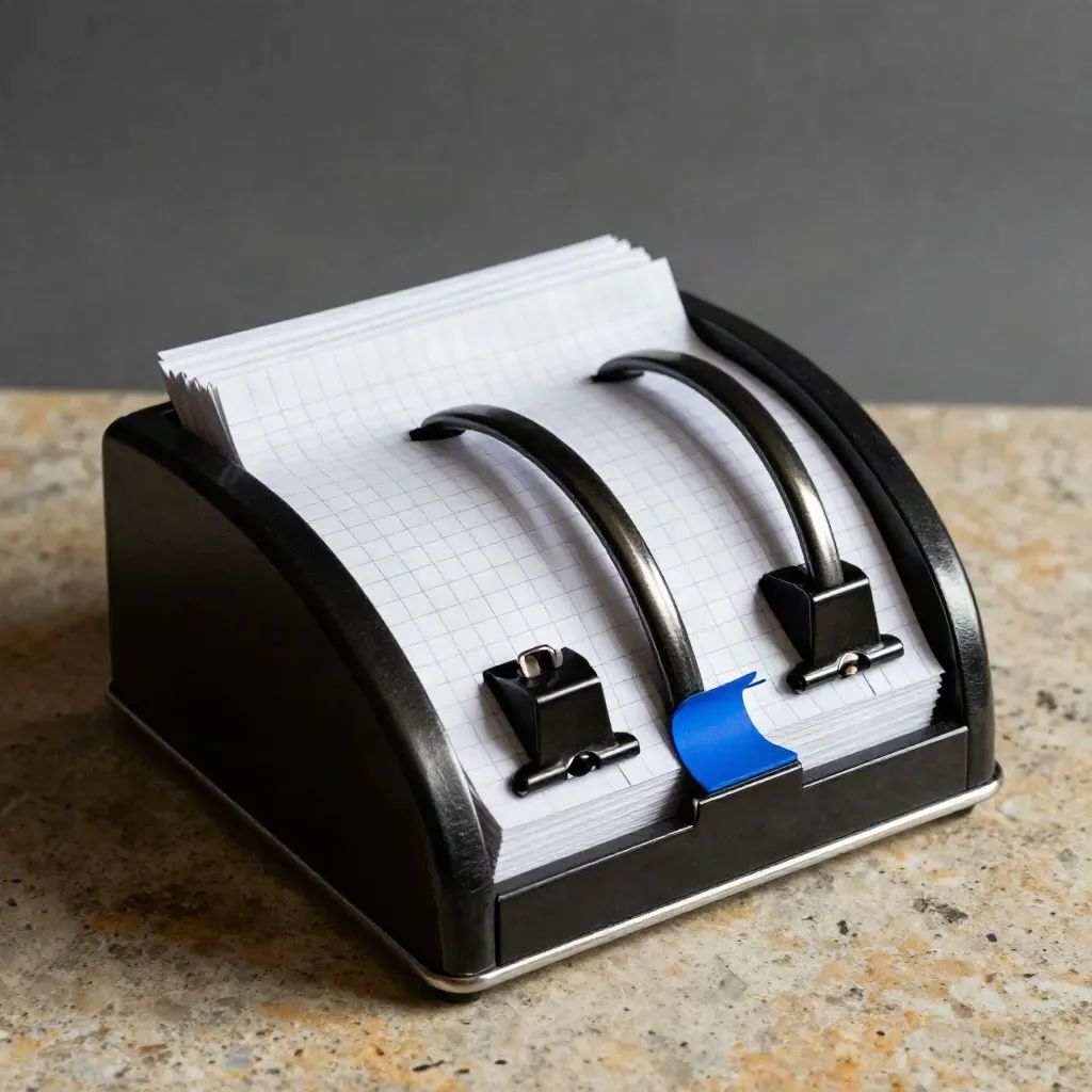 Macro of a tally counter beside black file clips and grid-backed dividers on limestone.