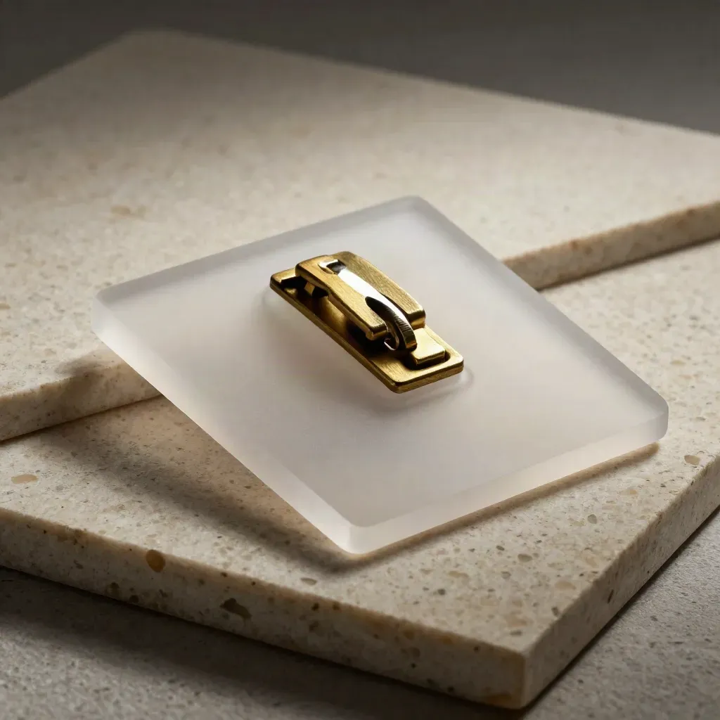 Frosted acrylic access sleeve with brass latch and matte holder on travertine, lit softly from above