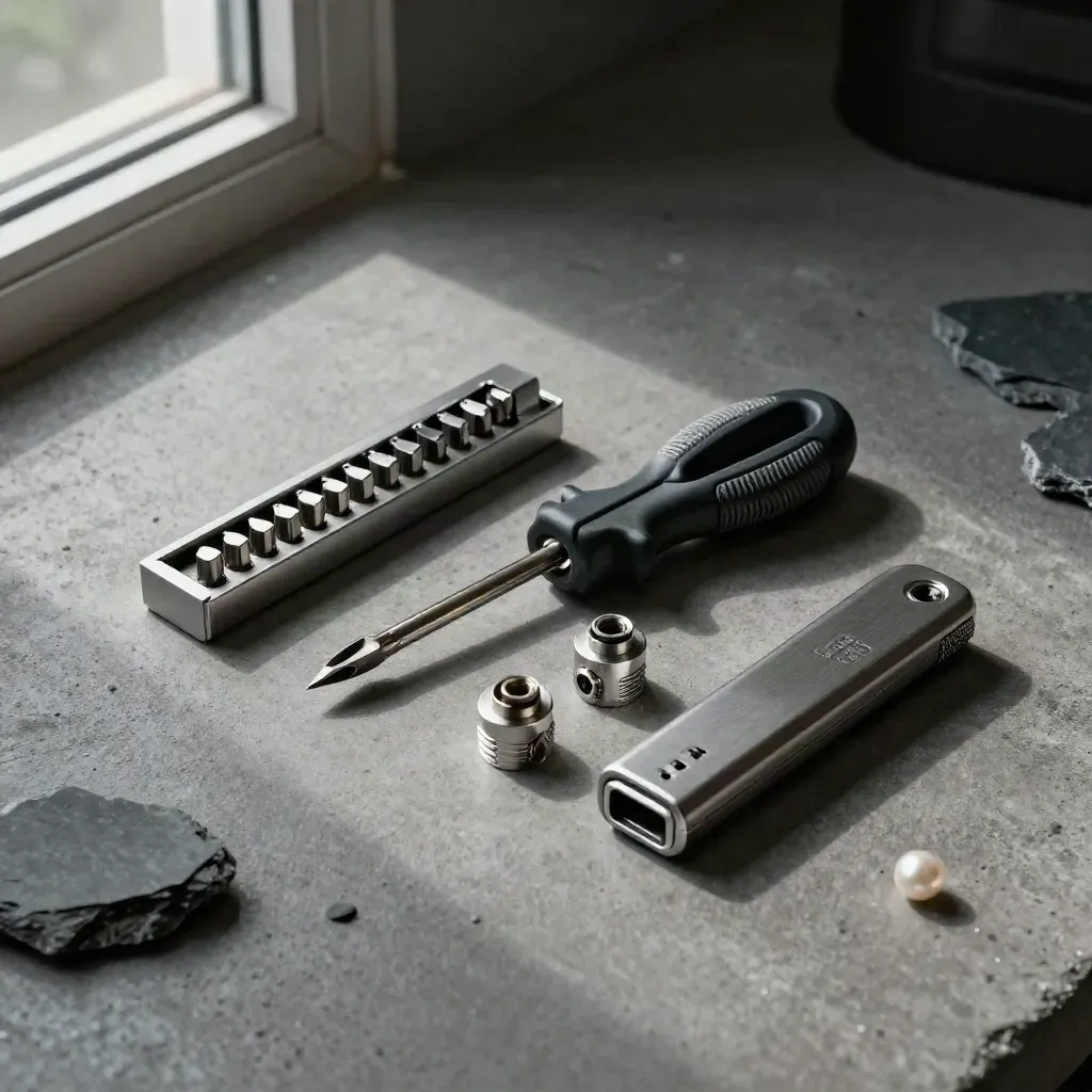 Top-down setup tools: screwdriver set, cable tester, adapter pucks, and a flash-drive shell on concrete.