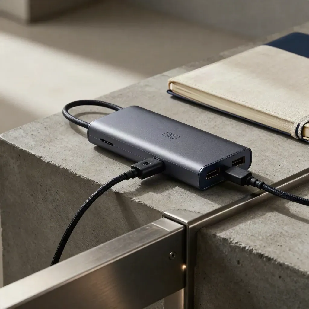 Macro still life of a power bank, hub, cable and closed notebook on a utility shelf.