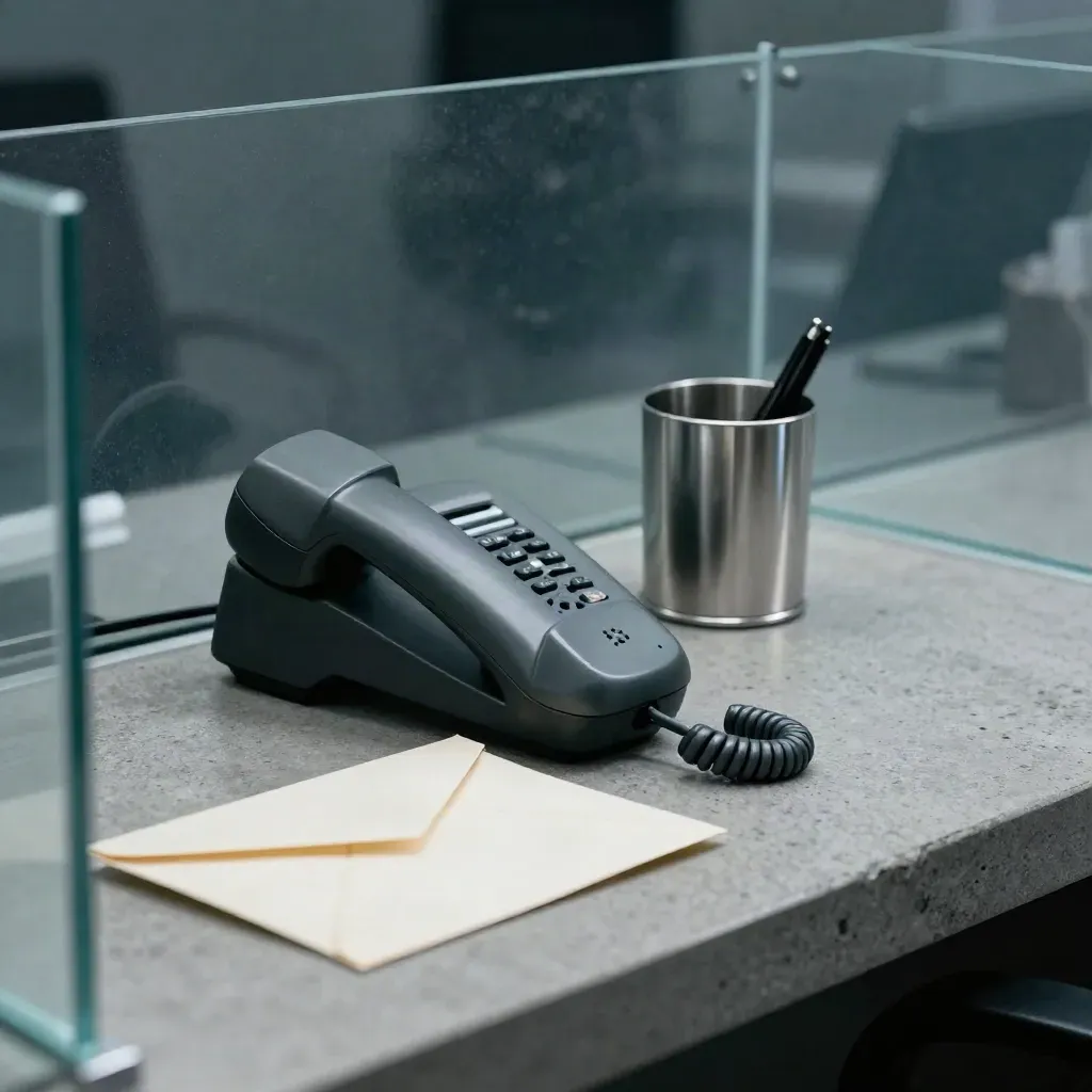 Phone handset, speaker puck, pen cup, and sealed envelope behind glass on a slate counter.