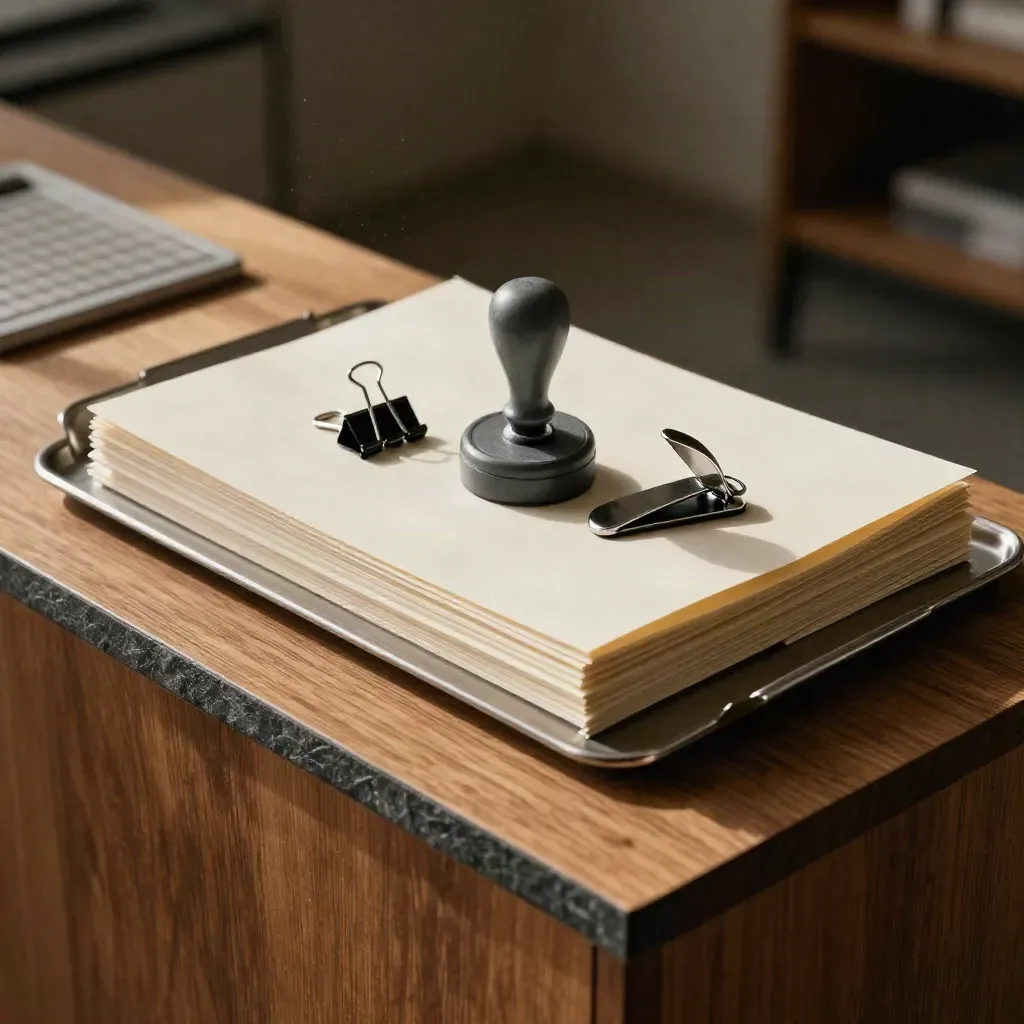 Brushed-steel paper tray, stamp, archive clips, and envelope opener on oak under soft light.