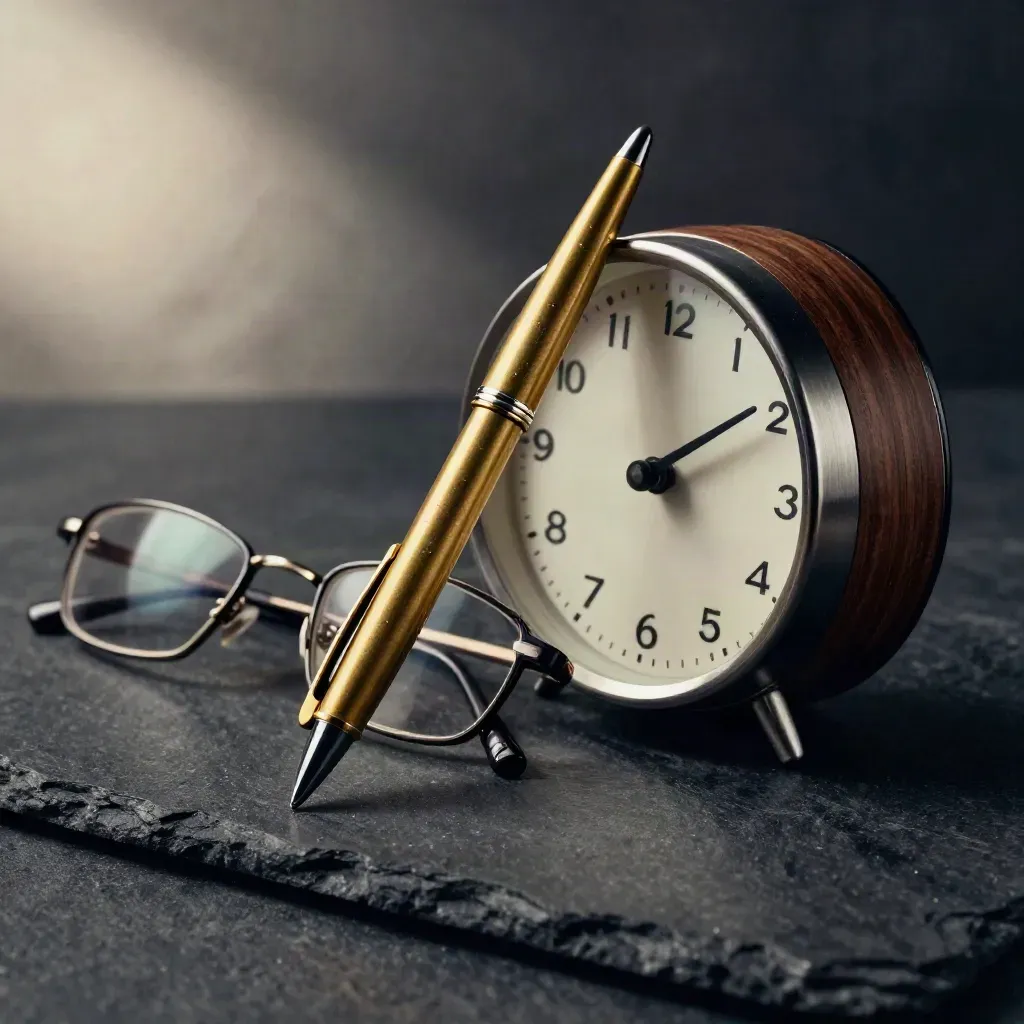 Macro still life of brass pen, folded glasses, and graphite desk clock on dark stone.