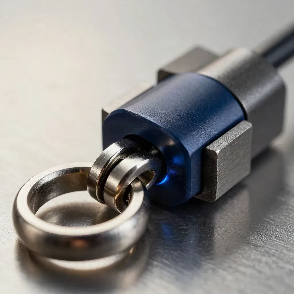 Macro of linked metal rings, cable couplers, and graphite blocks on brushed metal, with a navy accent.
