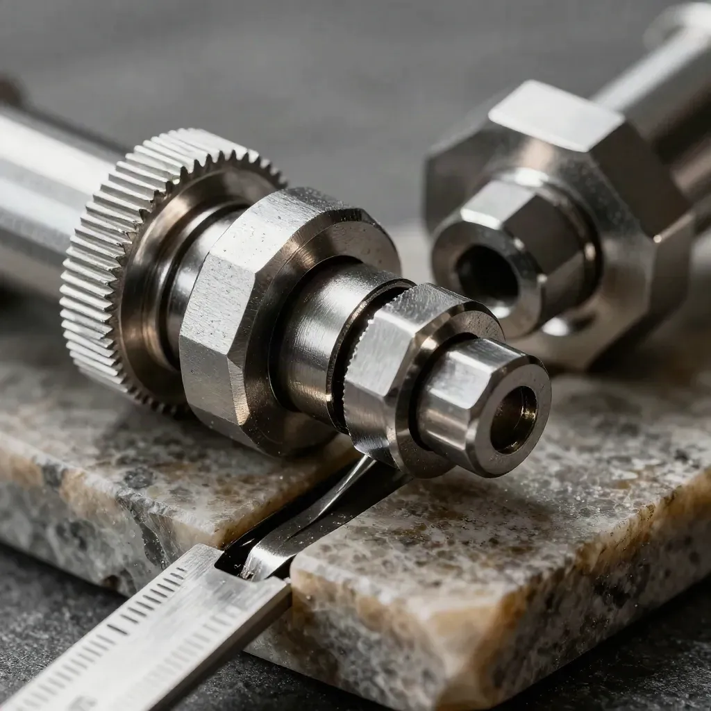 Extreme macro of interlocking machined aluminum parts and hex fasteners on limestone with dramatic light.