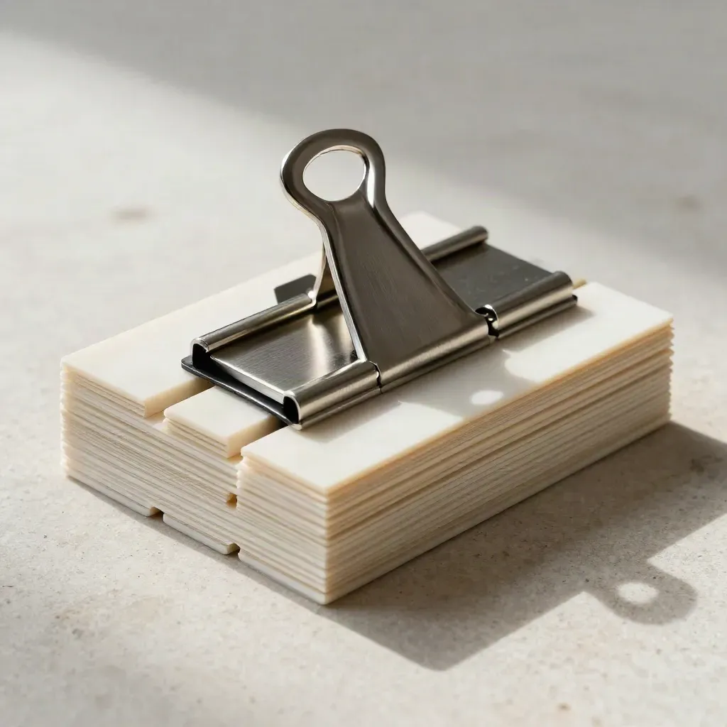 Ivory blocks, metal clamp, and blank dividers arranged diagonally on plaster stone.