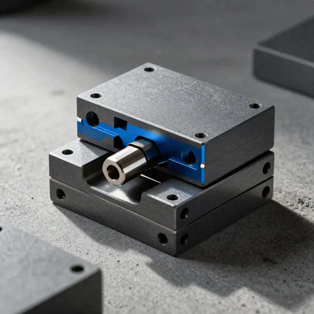 Overhead close-up of graphite modular blocks and a blue connector on concrete.