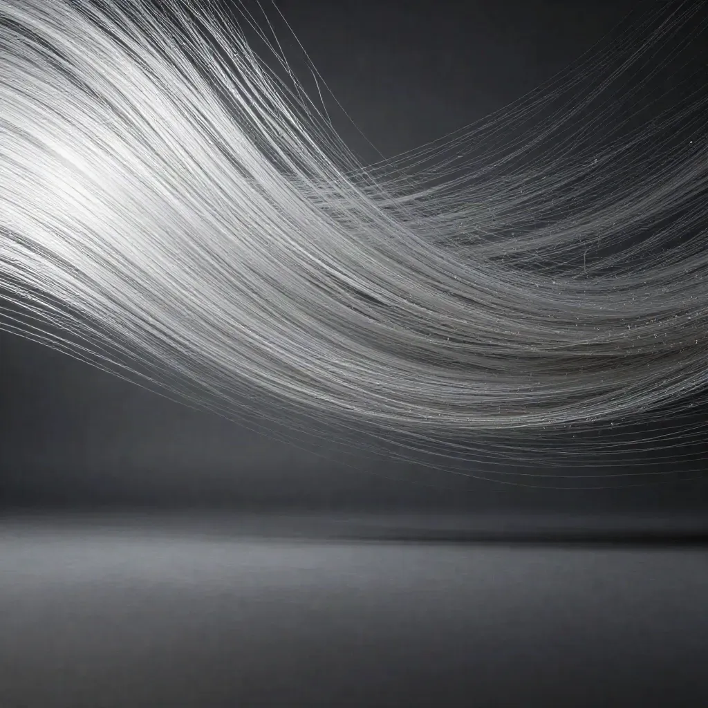 Silver light filaments converge into a white bloom in graphite haze, with open space below.